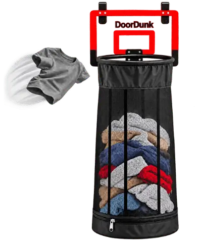 DoorDunk over-door basketball laundry hoop with mesh collection bag